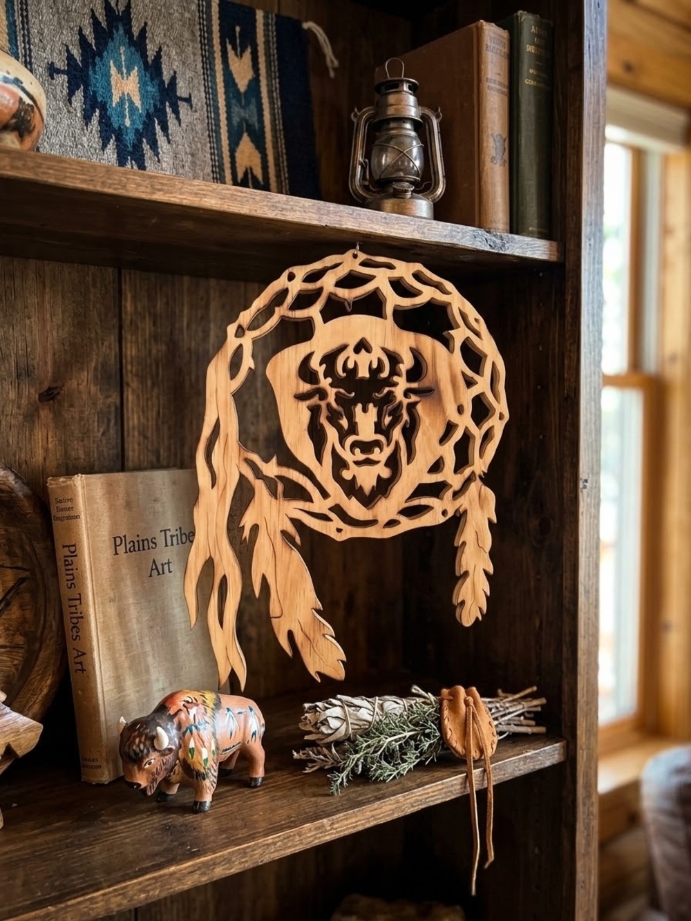 Scroll-saw Cut Wooden Buffalo Bison Head Dreamcatcher Wall Hanging Decor 14 In